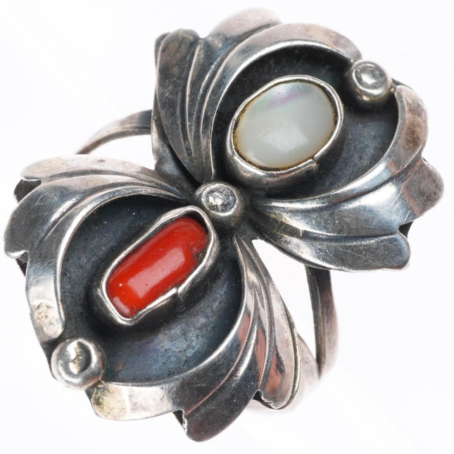 sz8 vintage Navajo sterling silver coral and shell shadowbox ring