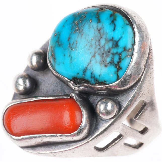 sz9.5 vintage Navajo sterling silver turquoise and coral cutout sides ring