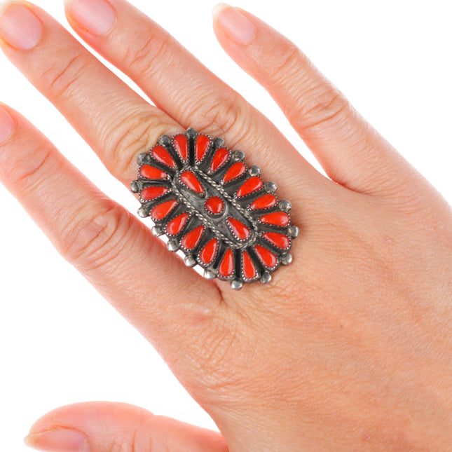 sz7.5 large vintage B Natewa Zuni sterling silver coral cluster petit point ring