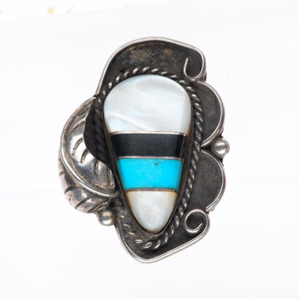 sz7.5 vintage Zuni sterling silver shell, jet, turquoise inlay ring