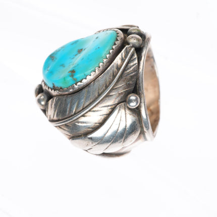 sz10.25 vintage Navajo sterling silver turquoise ring with feather bezel