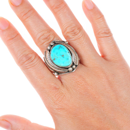 sz10.25 vintage Navajo sterling silver turquoise ring with feather bezel