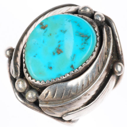sz10.25 vintage Navajo sterling silver turquoise ring with feather bezel