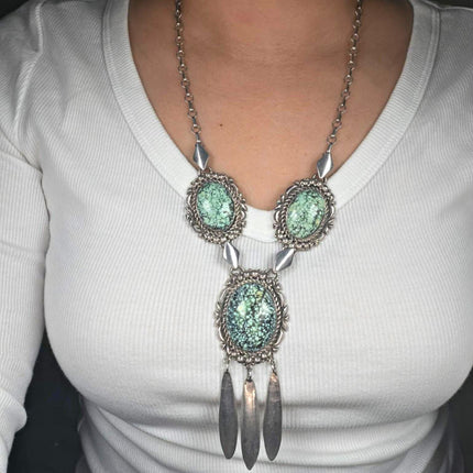 Richard Begay Navajo sterling silver spiderweb variscite heavy 3 stone necklace