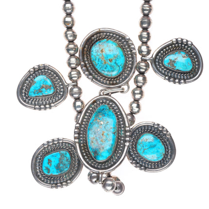 20" vintage Navajo sterling silver Morenci turquoise lariat beaded necklace