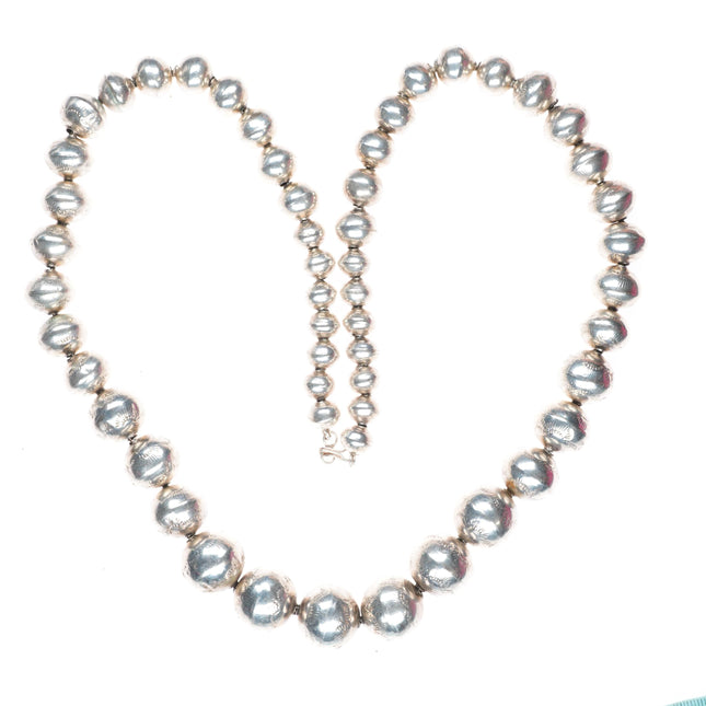 28.5" Vintage hand stamped Navajo pearl handmade beads sterling silver necklace