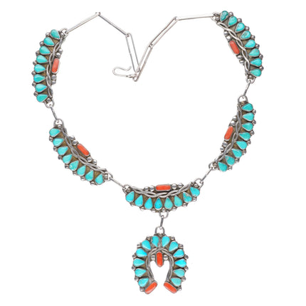 16.5" 1950's Zuni sterling silver turquoise/coral petit point  Naja necklace