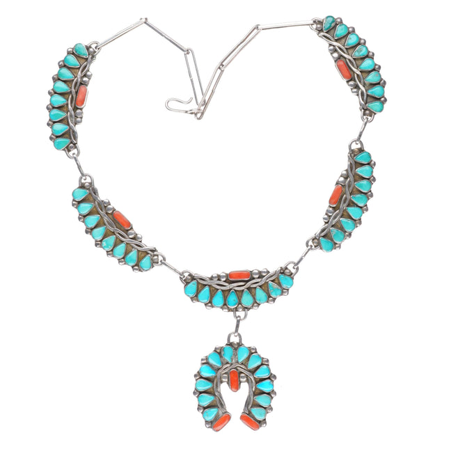 16.5" 1950's Zuni sterling silver turquoise/coral petit point  Naja necklace