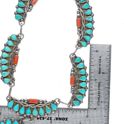 16.5" 1950's Zuni sterling silver turquoise/coral petit point  Naja necklace