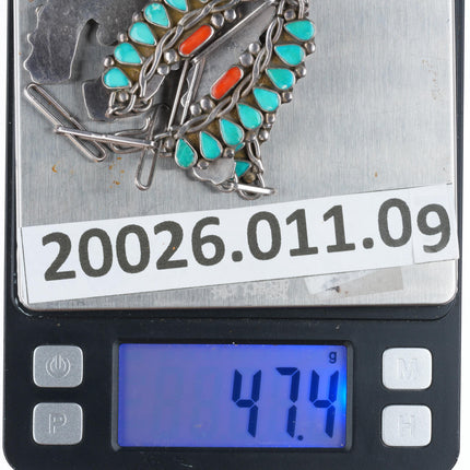16.5" 1950's Zuni sterling silver turquoise/coral petit point  Naja necklace