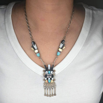 19" Andrew Dewa Zuni sterling silver horned antelope Kachina necklace
