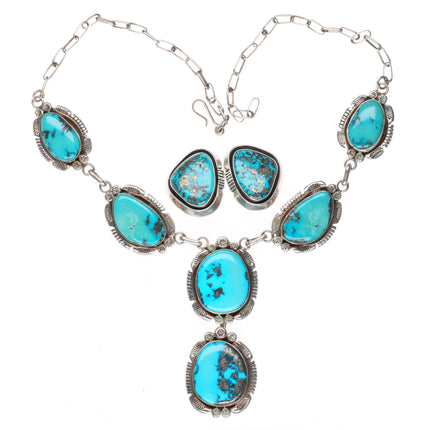 Esther Wood Navajo sterling silver Morenci turquoise necklace clip-on earrings