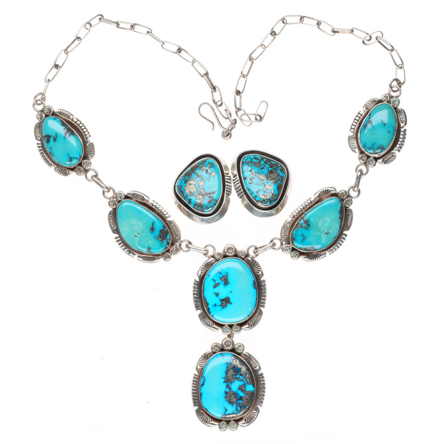 Esther Wood Navajo sterling silver Morenci turquoise necklace clip-on earrings