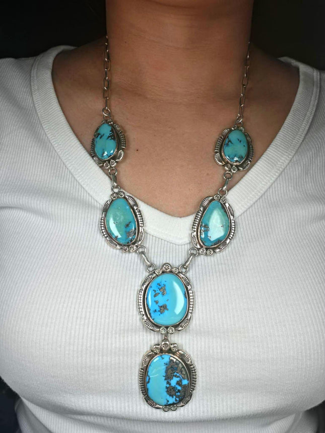 Esther Wood Navajo sterling silver Morenci turquoise necklace clip-on earrings