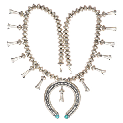 24" c1940's vintage Navajo sterling silver squash blossom necklace w/ turquoise
