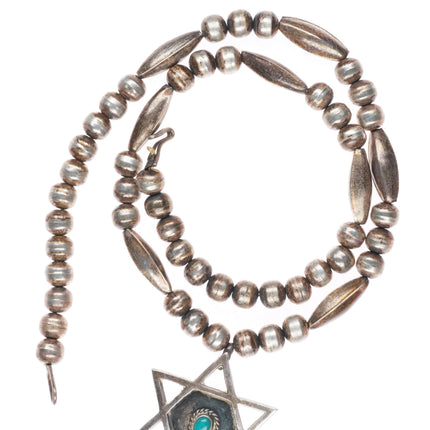 19" vintage Navajo sterling silver beaded necklace with star pendant w/turquoise