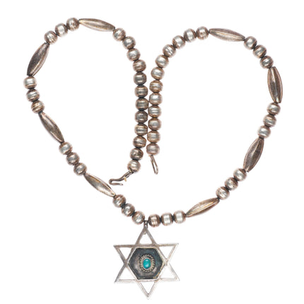 19" vintage Navajo sterling silver beaded necklace with star pendant w/turquoise