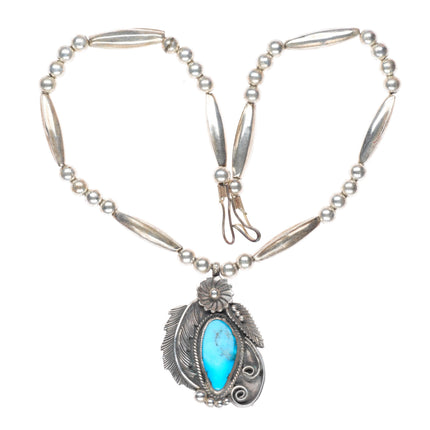 16.5" Vintage Navajo sterling silver turquoise pendant on beaded necklace