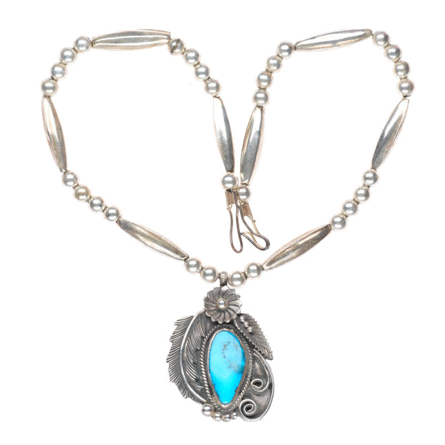 16.5" Vintage Navajo sterling silver turquoise pendant on beaded necklace