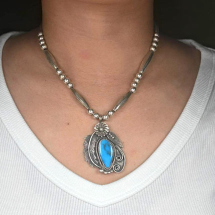 16.5" Vintage Navajo sterling silver turquoise pendant on beaded necklace
