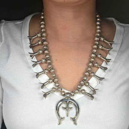 c1940's 22" Vintage Navajo sterling silver fluted bead squash blossom necklace