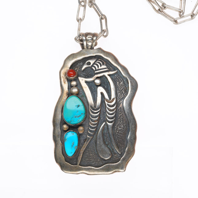 Allen Pooyouma Hopi sterling silver turquoise and coral pendant necklace