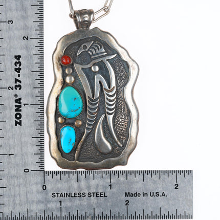 Allen Pooyouma Hopi sterling silver turquoise and coral pendant necklace