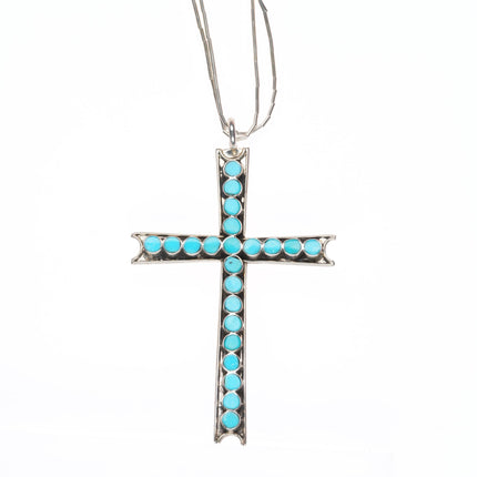 Vintage Zuni sterling silver Dishta style flush inlay turquoise cross pendant