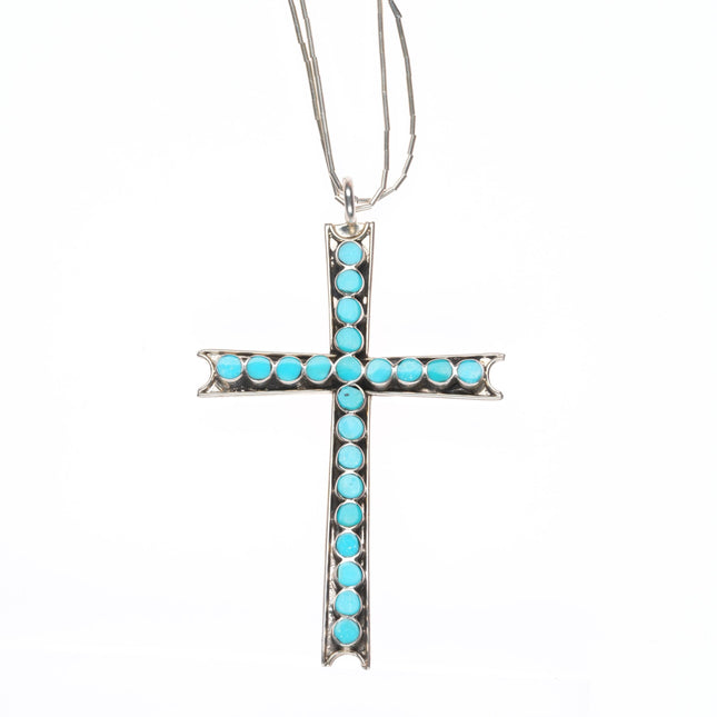 Vintage Zuni sterling silver Dishta style flush inlay turquoise cross pendant