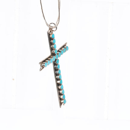 Vintage Zuni sterling silver Dishta style flush inlay turquoise cross pendant