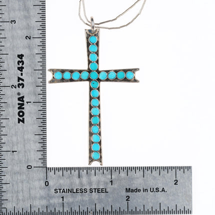 Vintage Zuni sterling silver Dishta style flush inlay turquoise cross pendant