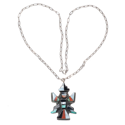 1940's-50's Zuni sterling silver knifewing inlay pendant on paperclip necklace