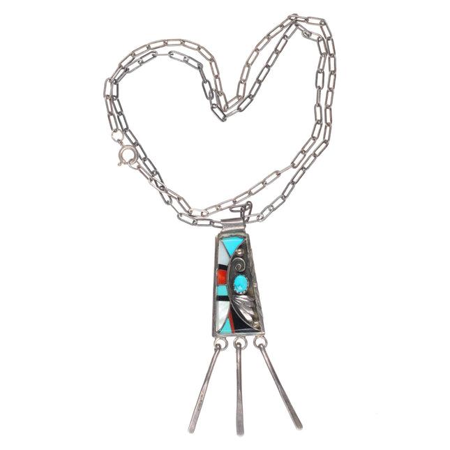 18" vintage FY Zuni or Navajo sterling silver turquoise intarsia inlay pendant