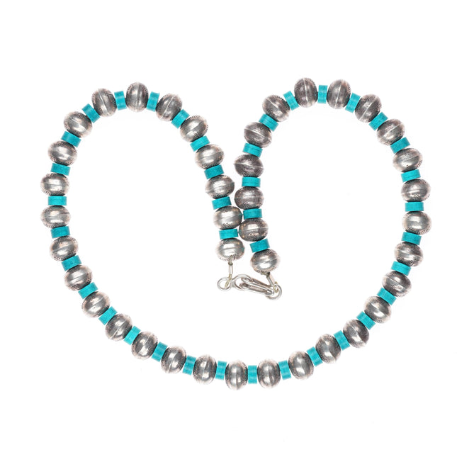 14.75" vintage Navajo pearl sterling silver turquoise beaded choker necklace