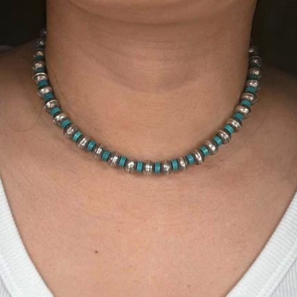 14.75" vintage Navajo pearl sterling silver turquoise beaded choker necklace