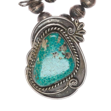 17" Vintage Navajo sterling silver beaded necklace with turquoise pendant