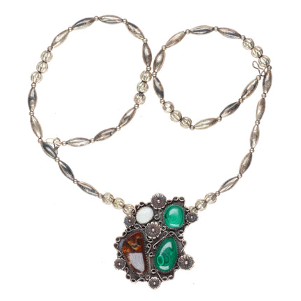 23" Vintage Navajo Opal, Fire Agate, malachite sterling silver beaded necklace