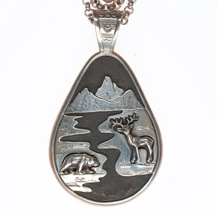 25.5" Fritson Toledo Navajo sterling silver necklace/pendant Deer/Bear overlay