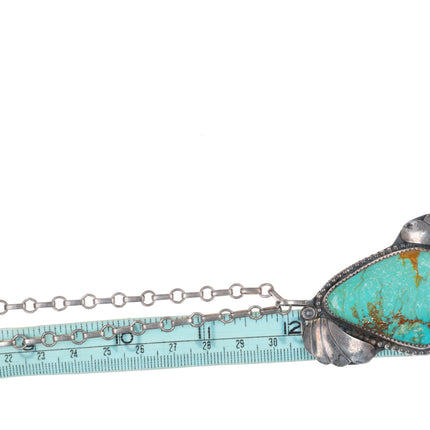 24" vintage Navajo sterling silver paperclip necklace with green turquoise pendant