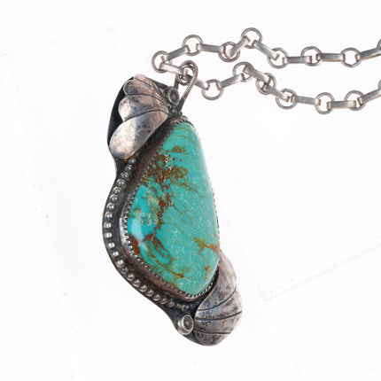 24" vintage Navajo sterling silver paperclip necklace with green turquoise pendant