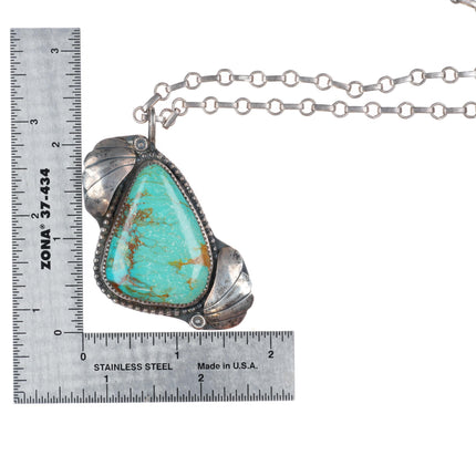 24" vintage Navajo sterling silver paperclip necklace with green turquoise pendant