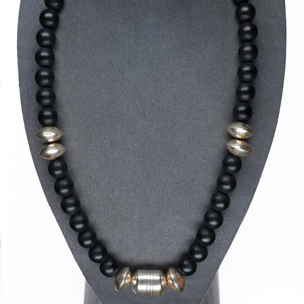 22.5" vintage southwestern sterling silver beaded black stone necklace