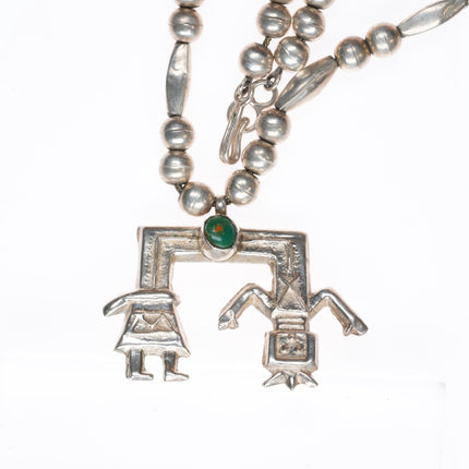 15" Vintage Navajo sterling silver Yei pendant on beaded necklace w/turquoise