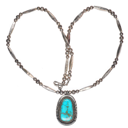24" vintage Navajo sterling silver pendant with nice turquoise beaded necklace