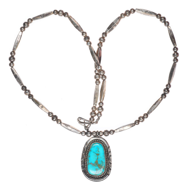 24" vintage Navajo sterling silver pendant with nice turquoise beaded necklace
