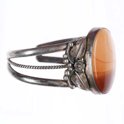 6.2" vintage Navajo sterling silver picture jasper cuff bracelet feather accents