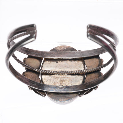 6.2" vintage Navajo sterling silver picture jasper cuff bracelet feather accents