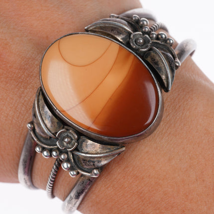 6.2" vintage Navajo sterling silver picture jasper cuff bracelet feather accents