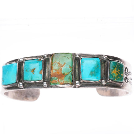 7" c1930's vintage Navajo sterling silver square turquoise row cuff bracelet