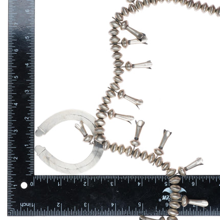 24" c1940's vintage Navajo sterling silver squash blossom necklace w/ turquoise